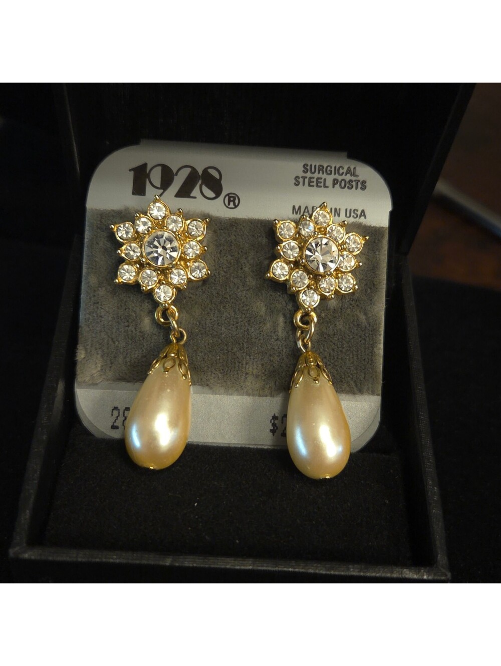 Vintage 1928 Gold-Tone Pearl & Crystal Dangle Earrings